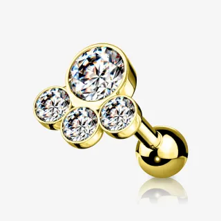 Piercing Cartilagem Dourado com quatro strass brilhantes em aço cirúrgico