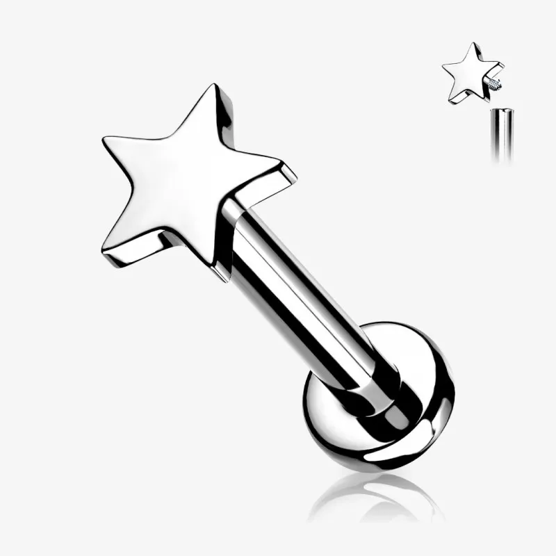 Piercing Labret Titânio Estrela com joia em formato de estrela em titânio polido