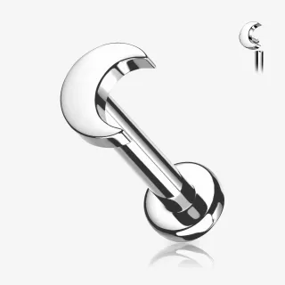 Piercing Labret Titânio Lua com joia prateada em formato de meia lua