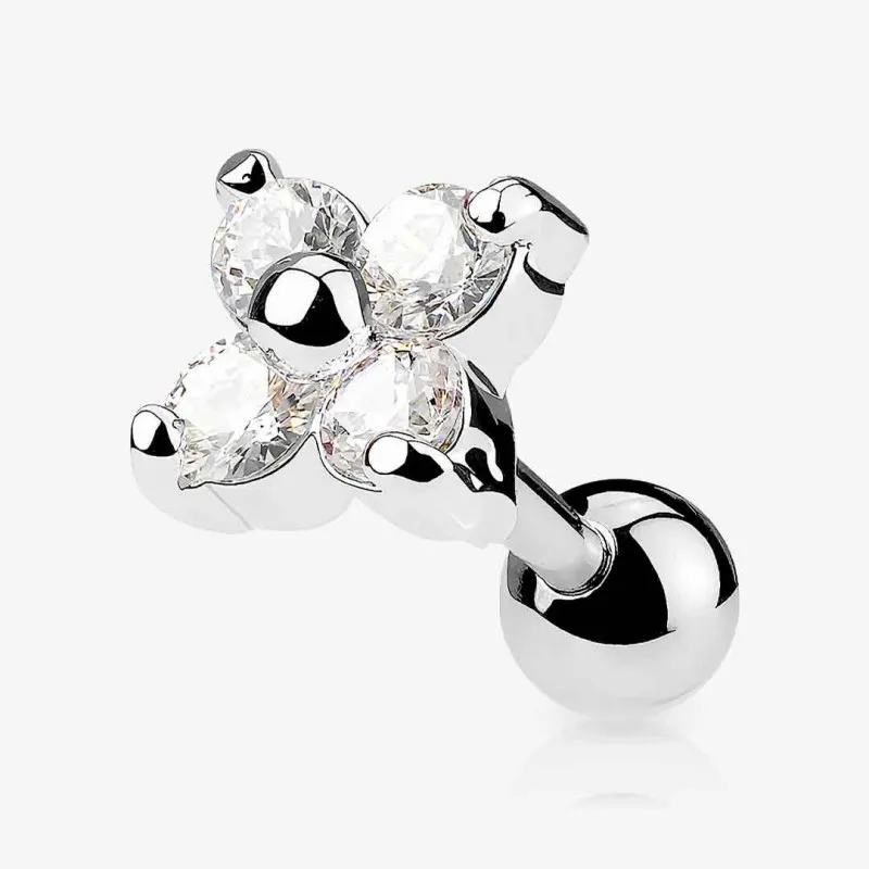 Piercing Barbell Flor prateado com quatro pétalas e zircônias