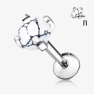 Piercing Labret Howlita branca cravada para cartilagem em aço cirúrgico