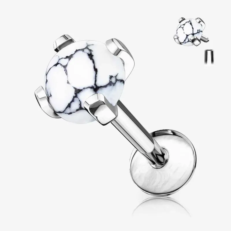 Piercing Labret Howlita branca cravada para cartilagem em aço cirúrgico