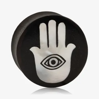 Alargador Plug Madeira com símbolo de Mão de Hamsa em madrepérola