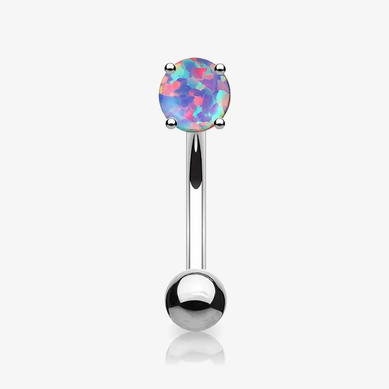 Piercing sobrancelha opala roxa cravada em barra curva de aço cirúrgico