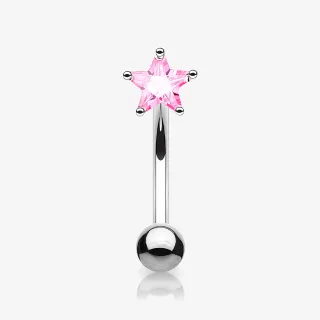 Piercing curvo com estrela de zircônia rosa em aço cirúrgico