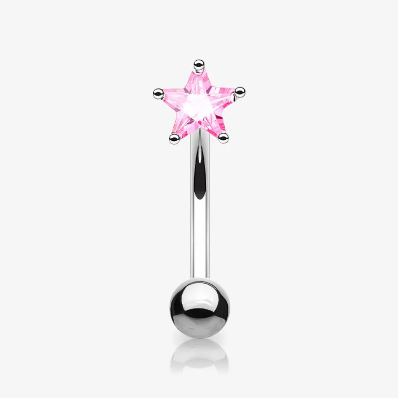 Piercing curvo com estrela de zircônia rosa em aço cirúrgico