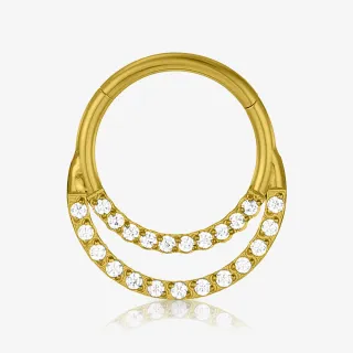 Argola Clicker de Titânio dourada com círculo duplo e zircônias