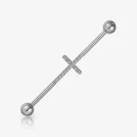 Piercing Transversal Cruz Zircônias em Aço Cirúrgico Prata
