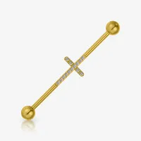 Piercing Transversal Cruz Zircônias Cravadas em Aço Dourado