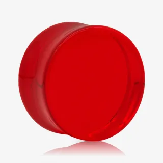 Plug acrílico vermelho translúcido fechado e reto visto em detalhe