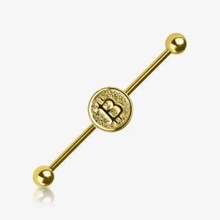 Piercing Transversal Bitcoin Dourado com detalhe em aço cirúrgico brilhante
