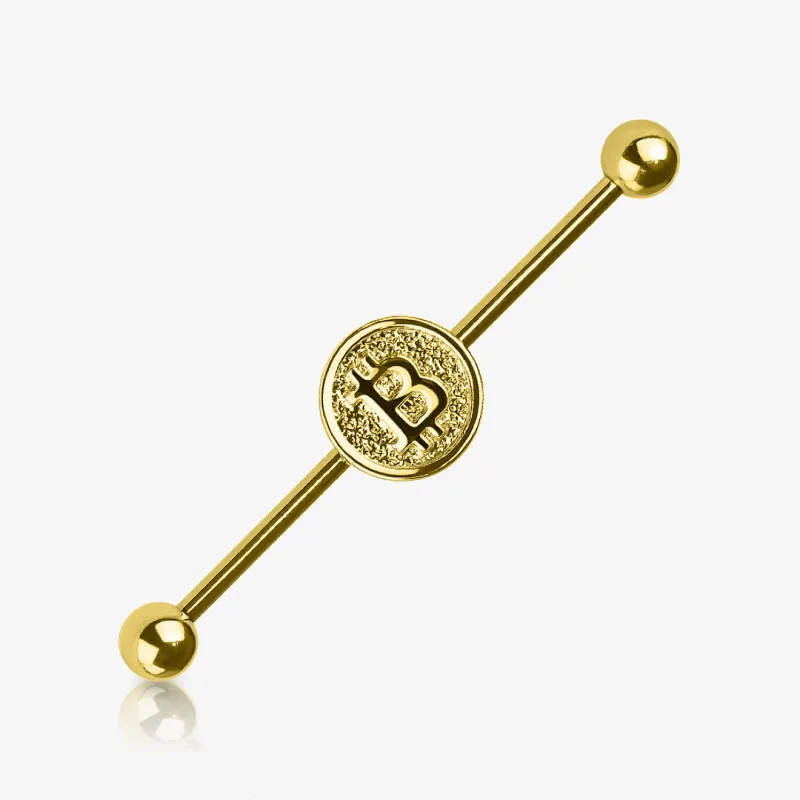 Piercing Transversal Bitcoin Dourado com detalhe em aço cirúrgico brilhante