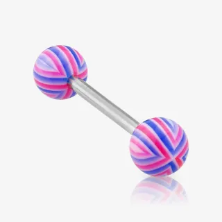 Piercing língua listras colorido em aço cirúrgico com barra reta e bolinhas nas pontas