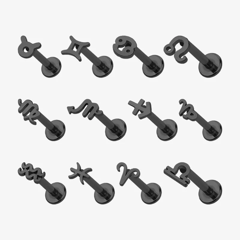 Piercing Labret Símbolos do Zodíaco com acabamento preto em aço cirúrgico