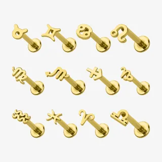 Piercing Labret com símbolos dos signos em aço dourado