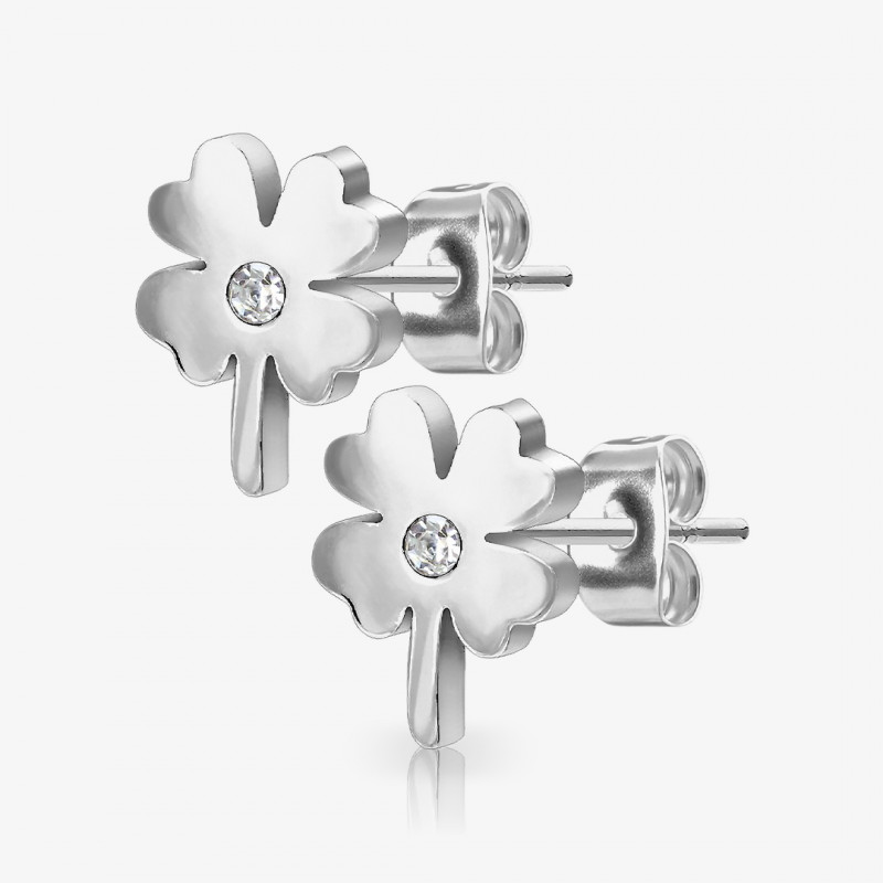 Brinco Trevo com Strass delicado em metal brilhante, vendido em par