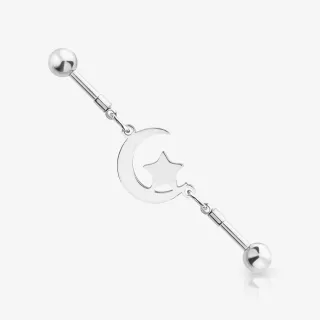 Piercing Cartilagem Pêndulo com pingente de lua e estrela em aço cirúrgico
