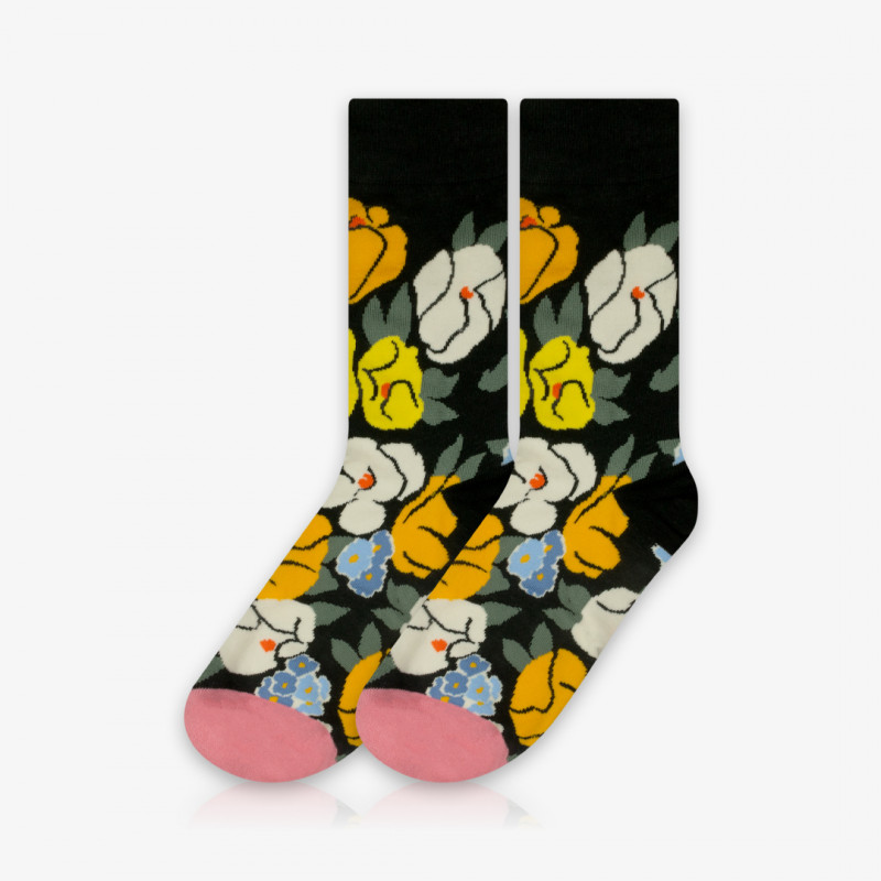 Meia Cano Alto Floral Preta - Meias Divertidas