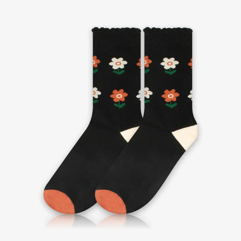 Meia Cano Alto Florzinhas com Borda Detalhada - Meias Divertidas
