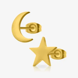 Brinco Lua e Estrela Dourado com acabamento brilhante e design celestial