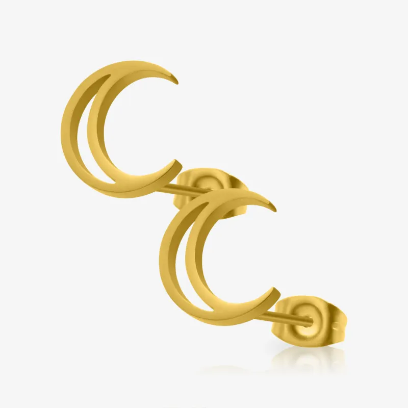 Brinco Dourado Lua Vazada em aço cirúrgico – par feminino