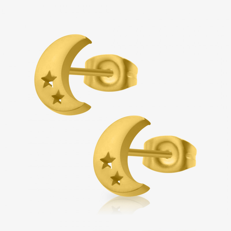 Brinco dourado lua com detalhes de estrela em metal delicado, visto de frente
