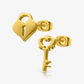 Brinco Dourado Chave com Cadeado Coração – Design Exclusivo