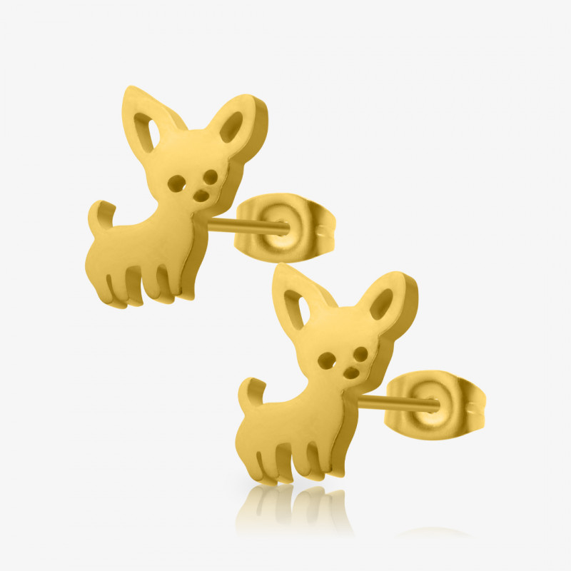 Brinco Dourado Chihuahua delicado em aço cirúrgico, design exclusivo ALARGS
