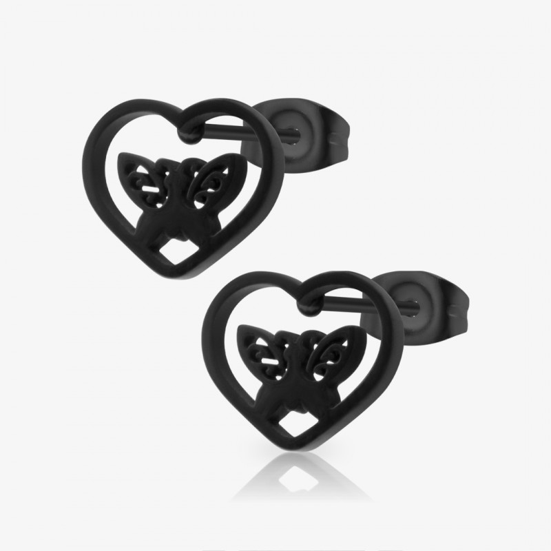 Brinco Preto Coração Borboleta com design delicado e acabamento brilhante