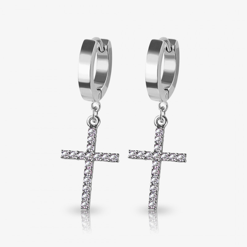 Brinco Pendente Cruz Alongada com zircônias em metal prateado