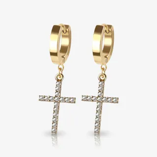 Brinco dourado pendente cruz com zircônias brilhantes em aço