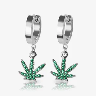 Brinco pendente marijuana com folha de cannabis e strass verde estilizado