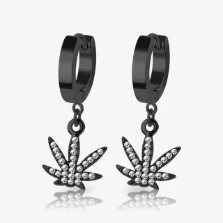 Brinco Preto Pendente Marijuana com strass verde e design de folha cannabis