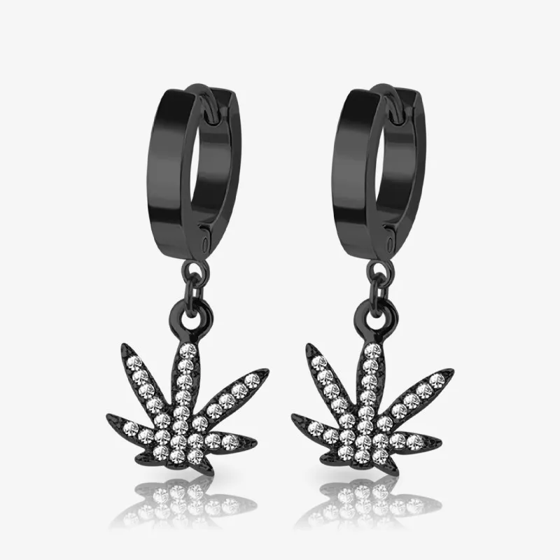 Brinco Preto Pendente Marijuana com strass verde e design de folha cannabis