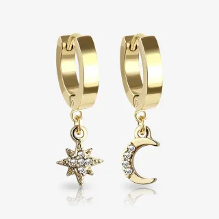 Brinco Dourado Pendente Lua com Estrela e Zircônia