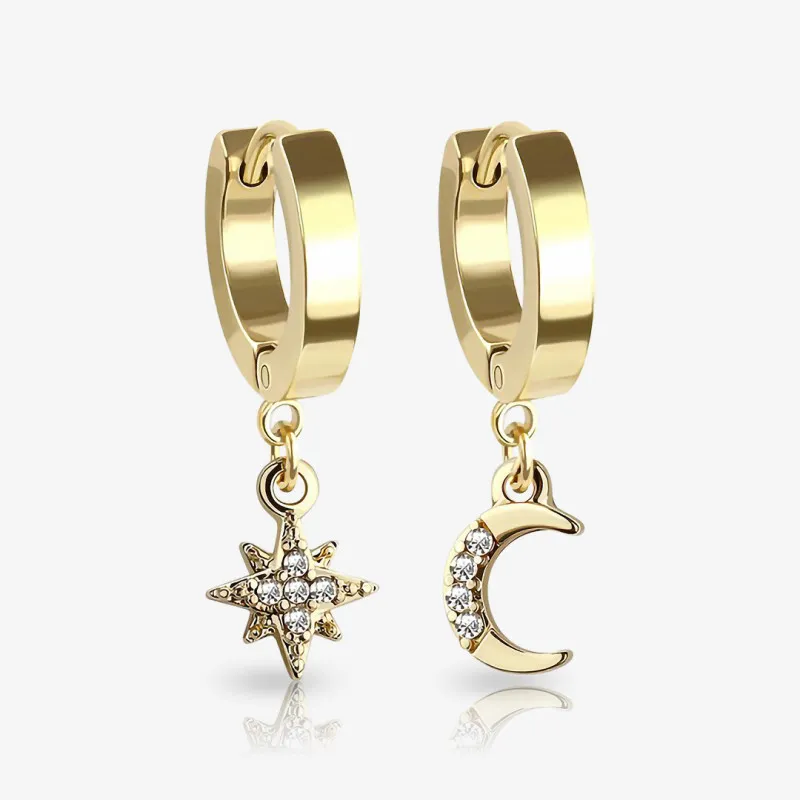 Brinco Dourado Pendente Lua com Estrela e Zircônia