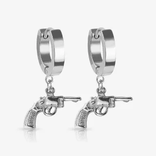Brinco Pendente Pistola prateado com design estilizado masculino