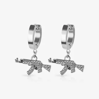 Brinco Pendente Rifle com zircônias estilo tático prateado