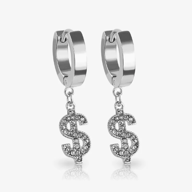 Brinco Pendente Cifrão com zircônia brilhante em formato de símbolo de dinheiro
