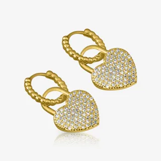 Brinco Dourado Cadeado Coração com zircônias em formato de cadeado e coração