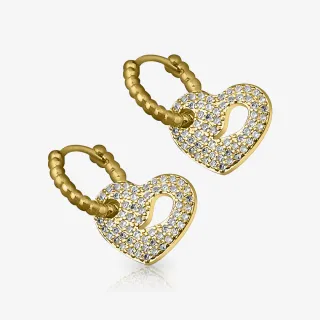Brinco Dourado Coração com zircônias brilhantes em formato romântico