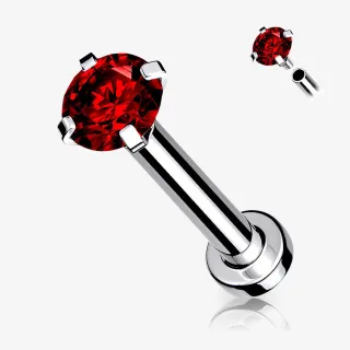 Piercing labret com zircônia vermelha em ponto de luz, haste de aço cirúrgico.