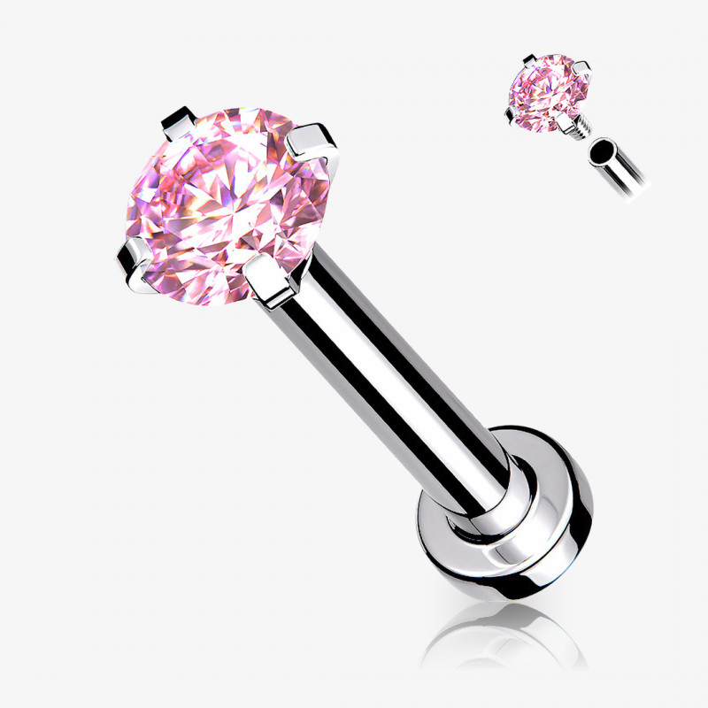 Piercing labret com zircônia rosa em aço cirúrgico.