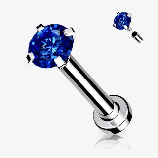 Piercing labret com zircônia azul em aço cirúrgico e rosca interna.