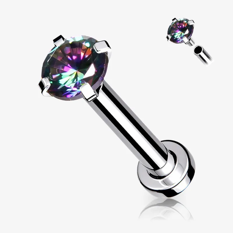 Piercing labret com zircônia vitral médio em aço cirúrgico.