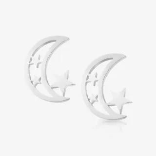 Brinco Lua Vazada com Estrelas em acabamento dourado, vista frontal