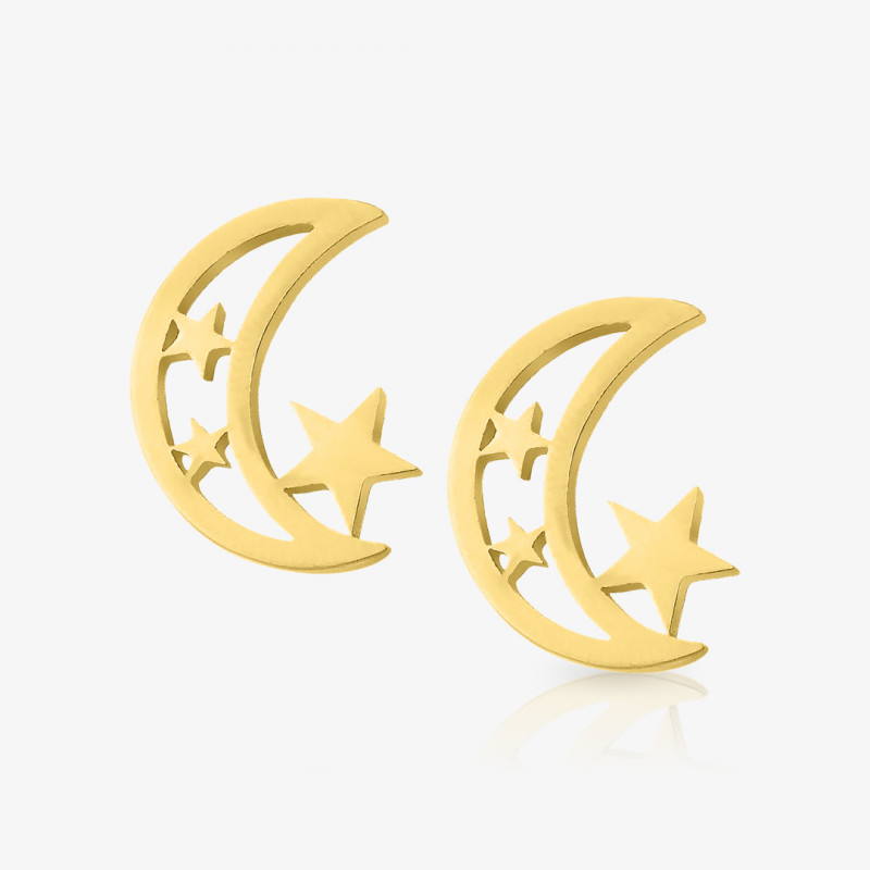 Brinco dourado lua vazada com estrelas em aço cirúrgico - ALARGS
