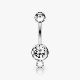 Piercing umbigo prateado com strass duplo em aço inox cirúrgico