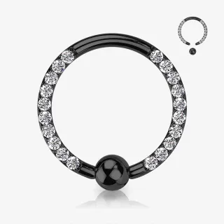 Piercing captive preto com zircônias cravadas na lateral, modelo argola elegante e brilhante