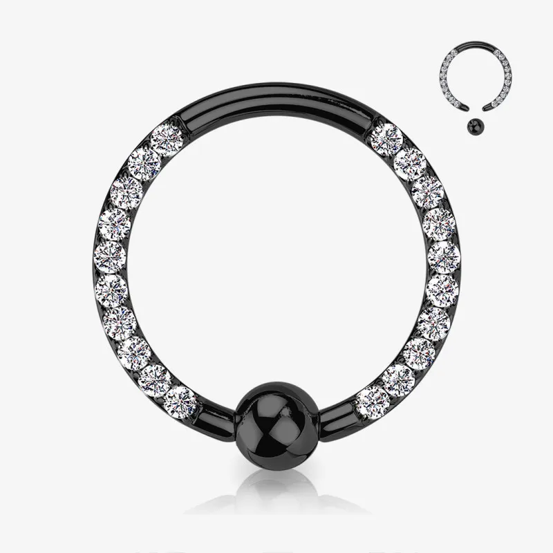 Piercing captive preto com zircônias cravadas na lateral, modelo argola elegante e brilhante